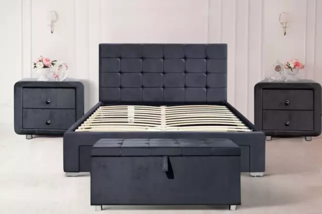 Plush Velvet Upholstered Fabric 4 Drawer Bed Frame With Bedsides Blanket Box 2