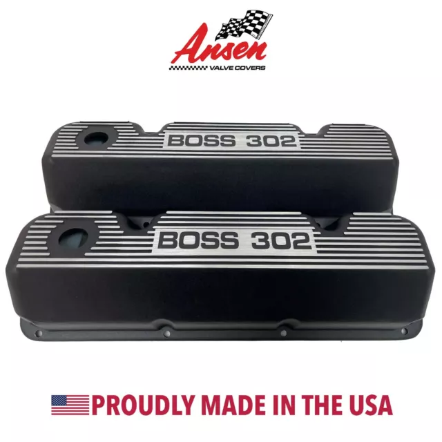 Ford 351 Cleveland BOSS 302 Black Finned Valve Covers - Custom Engraved, Style 2