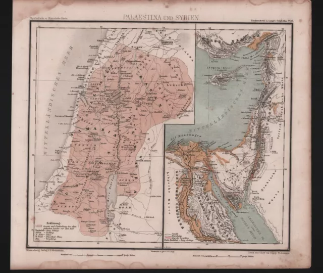 Landkarte map 1873: Palaestina und Syrien. Physikalische und Historische Karte