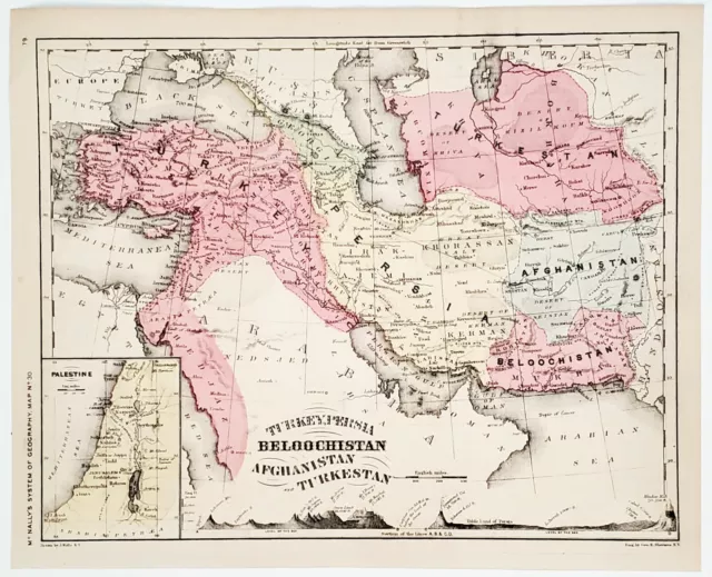 1870 Persia Map Beloochistan Turkey Afghanistan Turkestan Palestine Tehran