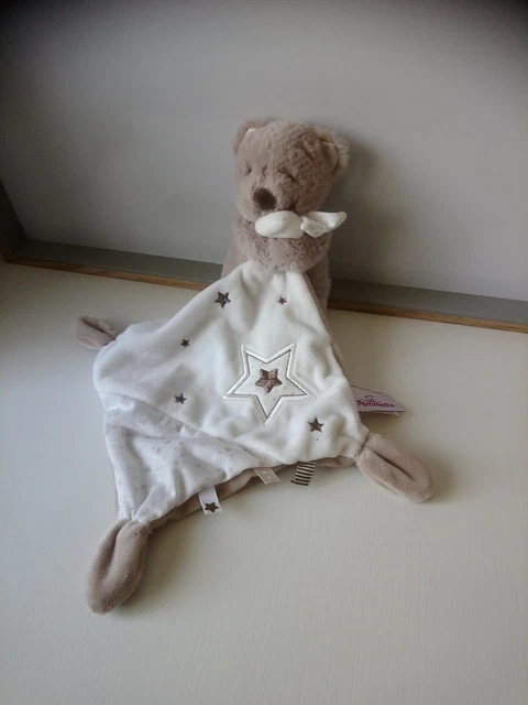 Doudou peluche ours beige mouchoir blanc étoiles Pommette état neuf