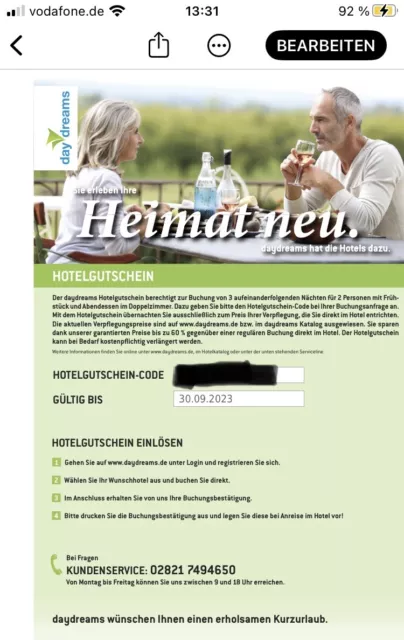 Hotel Gutschein 4Tage ( 3 Nächte) für 2 Personen
