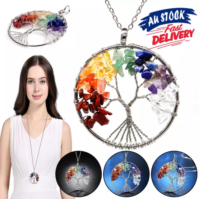 Tree of Life Chain Necklace Gemstone Pendant Stone Healing Chakra Crystal Reiki