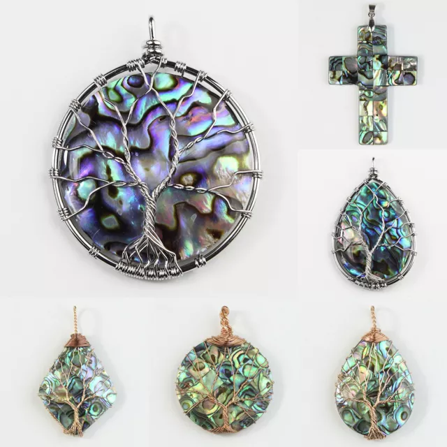 New Natural Paua Abalone Shell Wire Wrap Tree of Life Pendants Bead for Necklace
