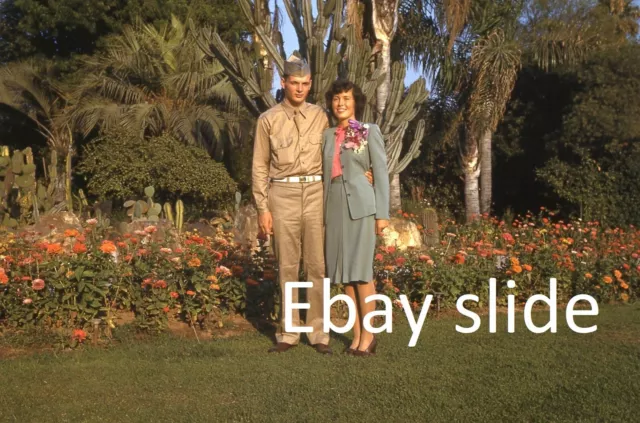 3 orig 1944 35mm Kodachrome slides - Military man with sweetheart in CA garden