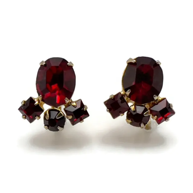 Gold Tone Prong Set Ruby Red Glass Rhinestone Screw Back Fashion Earrings