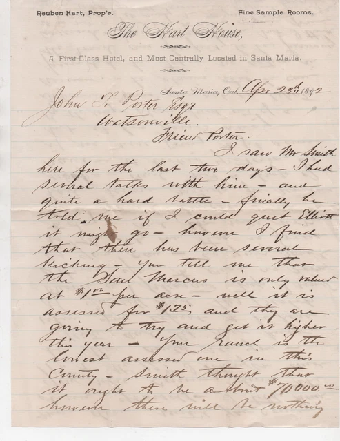 1892 Letterhead & Letter from the Hart House Hotel in Santa Maria CA