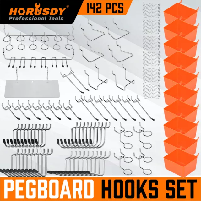 142Pc Pegboard Hooks Set Peg board Hanger Assortment Storage Trays Organizer Bin