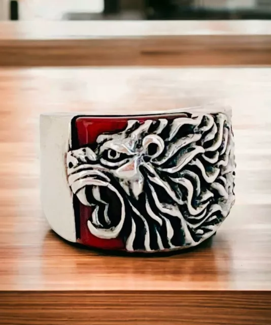 Un en Colère Lion Sur Rouge Agate Pierre 925 Argent Sterling Hommes Bague