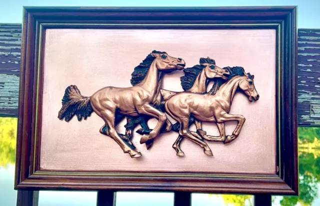 Vintage Hand Sculpted 3-Dimensional Galloping Horses in Ornate Frame