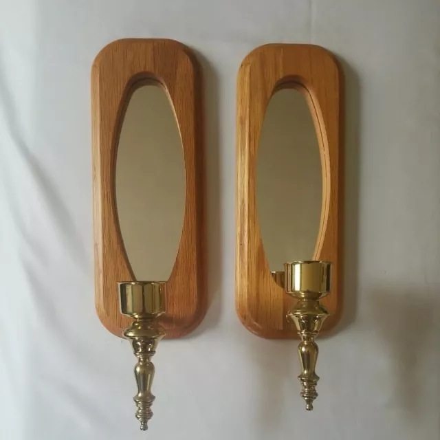 VTG WOOD BRASS MIRROR Wall Candle Holder Sconce Decor Copper Craft Pair