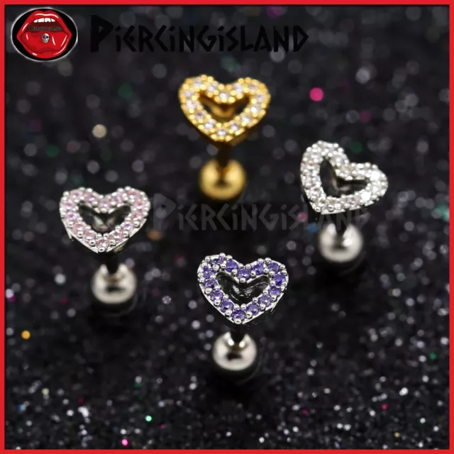 Gem Crystal Love Heart Ear Cartilage Helix Tragus Stud Ring Bar Piercing Earring