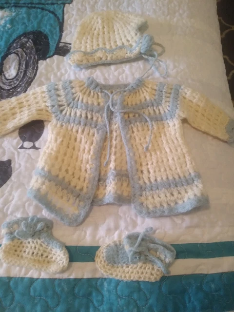 Vintage Blue & White Hand Crocheted Bab Sweater, Booties & Hat Set 1950s
