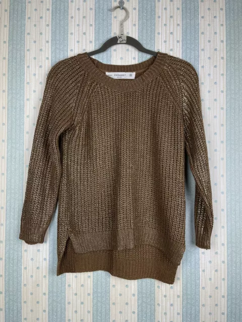 Zara Knit Sweater Women’s M Metallic Sparkle 3/4 Sleeves Pullover Side Split