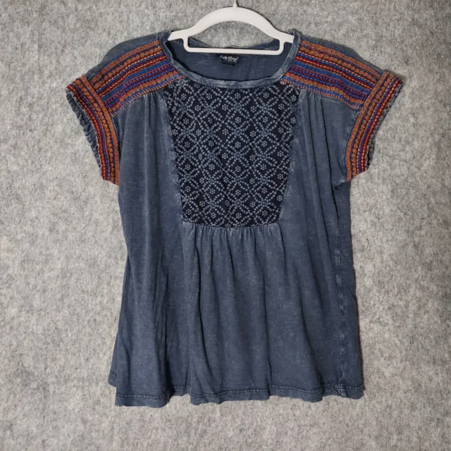 Lucky Brand Top XS Embroidered Crochet Short Sleeve Stonewash Blue Boho Crewneck