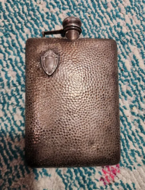 Antique Pewter Whiskey Flask Swing Arm Diagonal Cap Pattern w/ Cork  6"