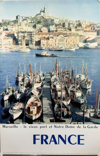 Marseille Le vieux port et Notre Dame de la Garde. Originale 1961. 99x62 cm