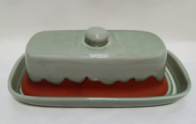 Art Pottery Ceramic Covered Butter Dish Beautiful Green Celadon Glaze w/Brown