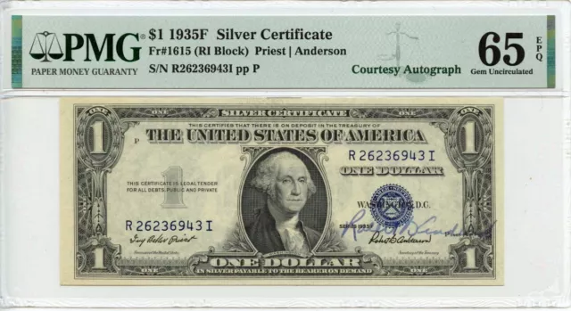 1935F $1 Silver Certificate Fr# 1615 PMG Gem65 EPQ Autograph