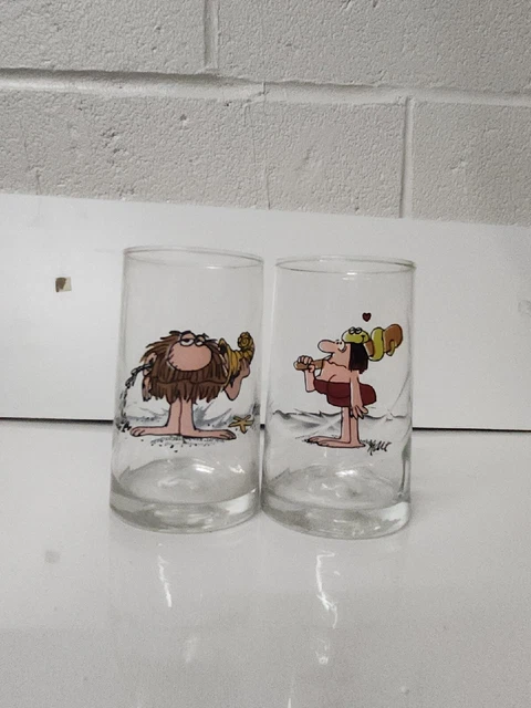 Two 1981 Arbys B.C. Ice Age Collectors Series glasses GROG & JANE Caveman comics