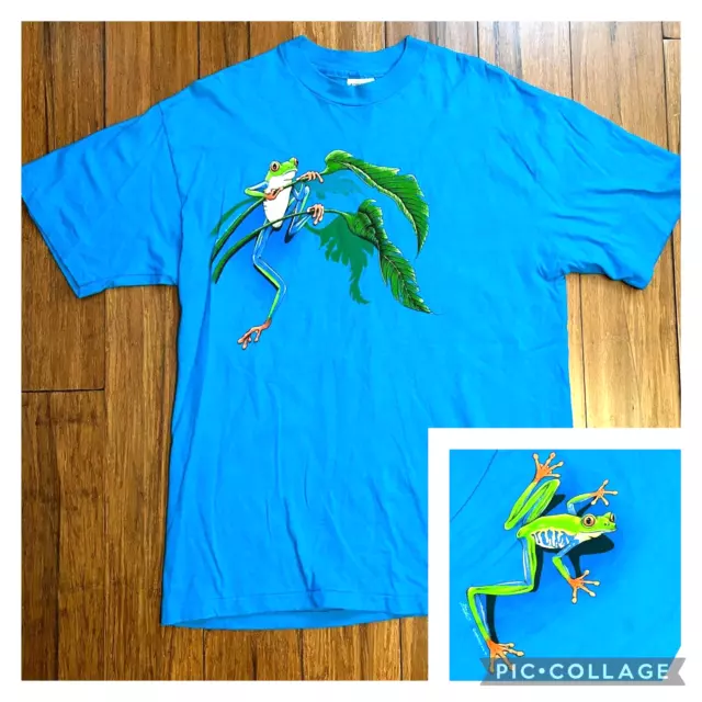 Vtg Ken Drewke Tree Frog Harlequin 1991 Blue T Shirt Men's L USA Hanes Two Side