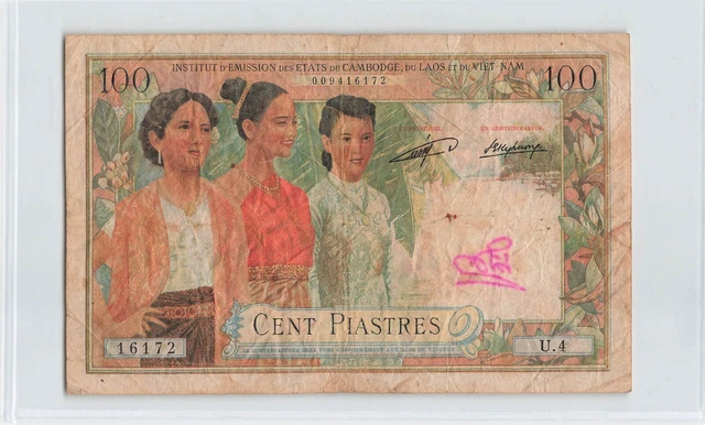 FRENCH INDO CHINA - LAOS 100 Piastres 1954, P-103, U.4 16172, Pretty Note.  M1