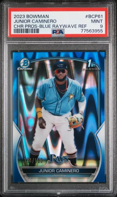 2023 Bowman Chrome Blue Raywave Refractor Junior Caminero RC Rookie /150 PSA 9