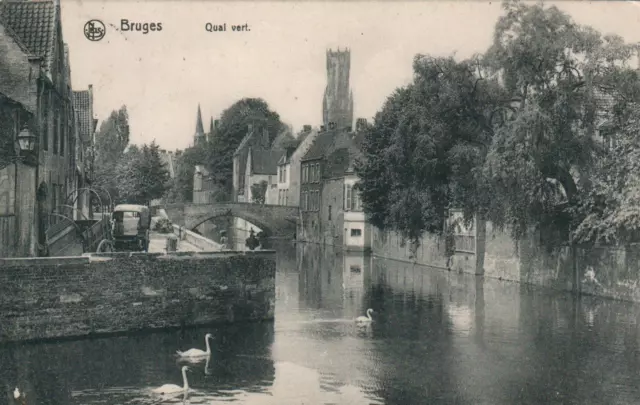 1919 ANTIQUE Belgium Swans Swimming in Bruges Quai Vert POSTCARD - to Drinkstone