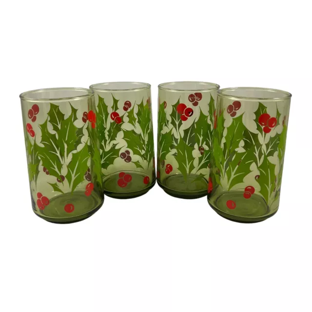 Anchor Hocking Set 4 Tumblers Green Glass Holly Christmas Holiday Vintage 1970s