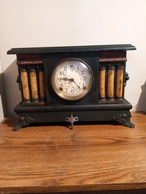 Antique Sessions Black Columns Mantle Clock 8 Day