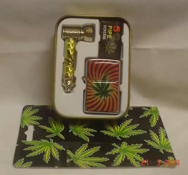 Smokers set inc 2 oz Tobacco Tin, Pipe, Pipe Screens and Oil Lighter