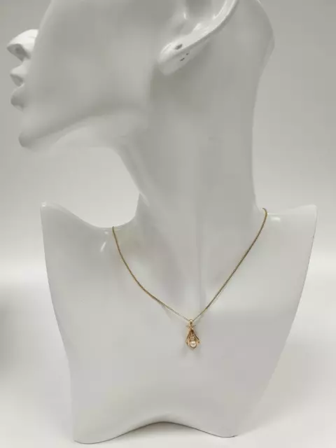 Vintage 9ct Yellow Gold Cubic Zirconia & Pearl Pendant + Curb Chain Hallmarked