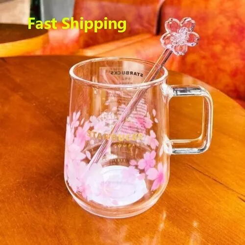 2023 Cute Starbucks Pink Sakura Color-changing Glass Coffee Mug Cup with a Stick
