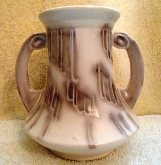Vintage Ceramic Rumrill MCM Brown Beige Cream 2 Handle Vase Urn 7 Inches Tall