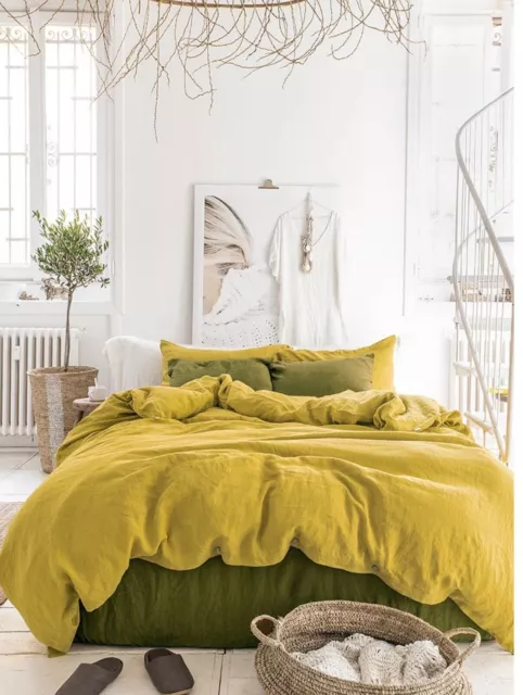 Juego de cama de lino amarillo con funda nórdica y 2 fundas de almohada,...