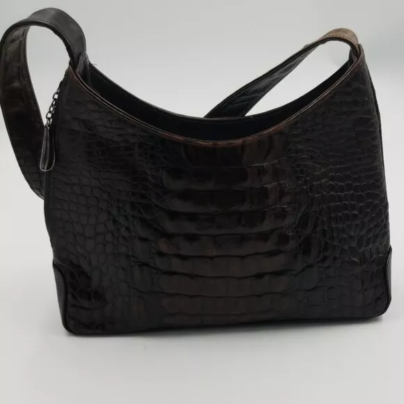 Donald J. Pliner Brown Croc Embossed Leather Shoulder Bag