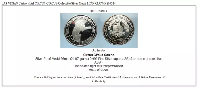 LAS VEGAS Casino Hotel CIRCUS CIRCUS Collectible Silver Medal LION CLOWN i68514 3