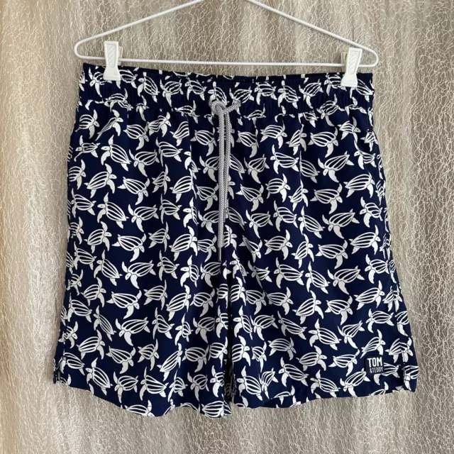 Tom & Teddy Men’s Swim Shorts  Size M Navy White Turtle Print Elastic Tie Waist