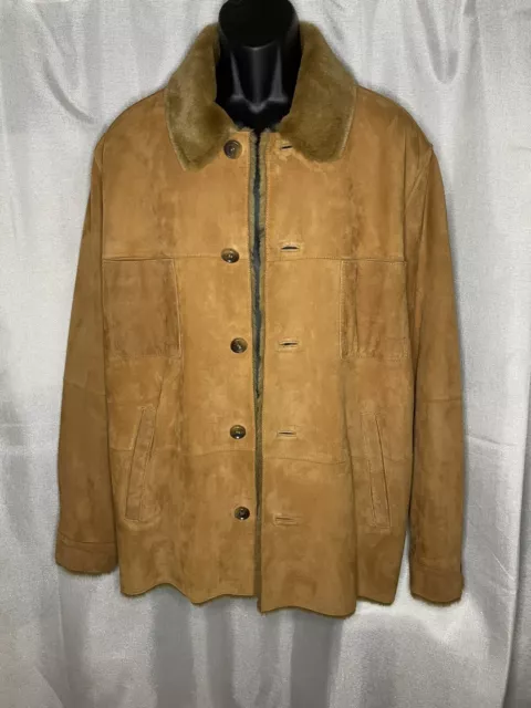UGG Suede Leather Jacket Men Large Chestnut Shearling Faux Fur Lining Brown