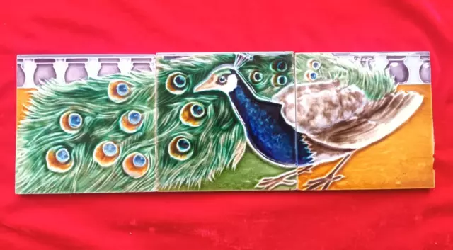 3 Piece 1 Set  Peacock Design Old Art Deco Majolica Ceramic Tiles England 0340