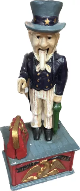 Vintage 70s  Mechanical Cast iron Uncle Sam Coin Bank cast iron  Workss