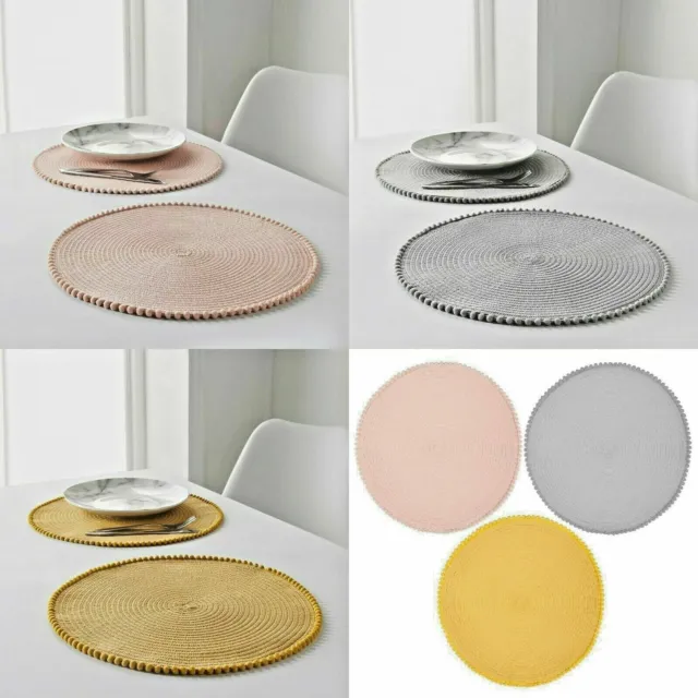Set Of 4/8 Table Place Mats Blush Pink Grey Ochre Yellow Round Pom Pom Placemats