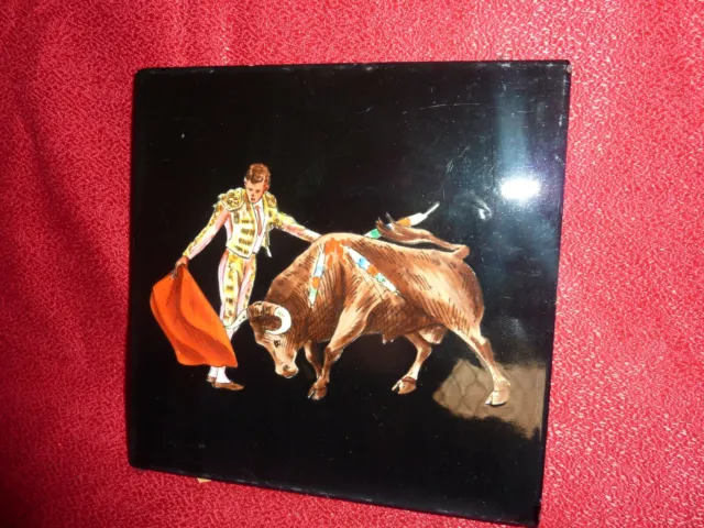 15.2Cm Square Pottery Black Colour Tile With Hand Painted Matador &Bull Fighting 2