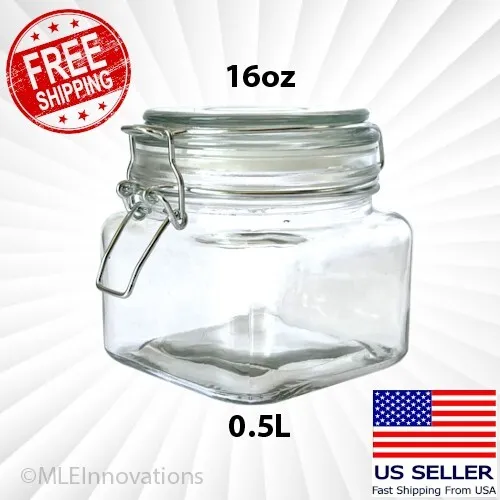 Hinged Lid Clamp Airtight Sealed Jar Food Storage Canister Glass 16 OZ Mason Jar