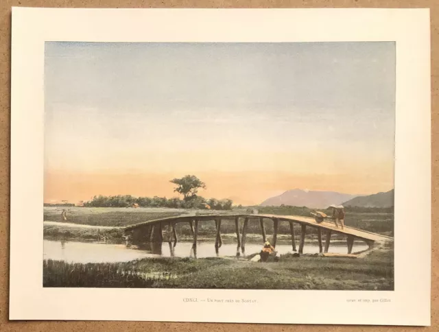 TONKIN Un pont près de Sontay - Photochromie fin 19ème  gravure  Vietnam