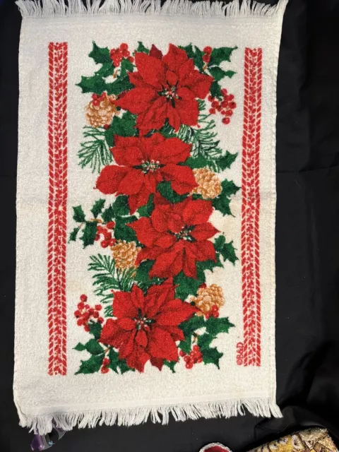 Vintage Christmas Kitchen Tea Towel Poinsettia  Red Terry Cloth Cotton 26x16