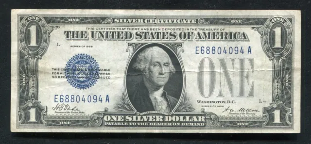 Fr. 1600 1928 $1 One Dollar “Funnyback” Silver Certificate “E-A Block” Vf/Xf
