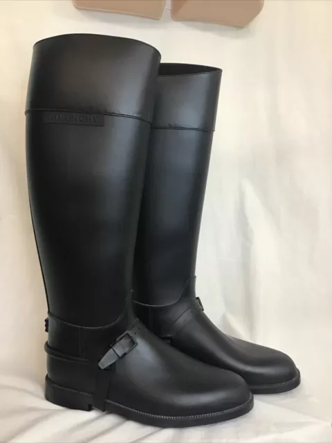 givenchy Rubber Rain Boots Black Knee-High Top Buckle Strap New No Box Size 38