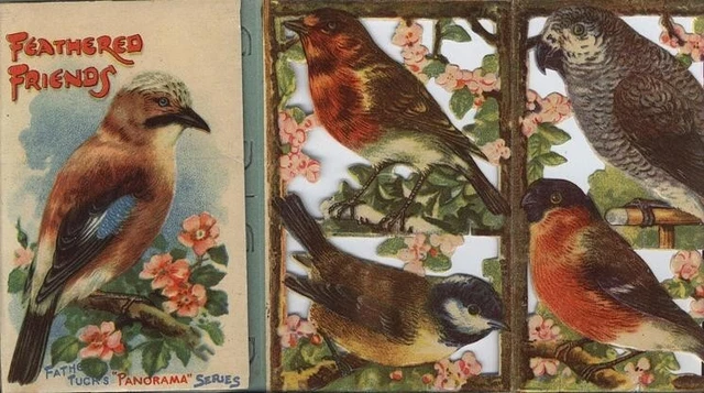 FEATHERED FRIENDS, birds, die cut, panorama fold out paper scrap toy, Tuck 7000