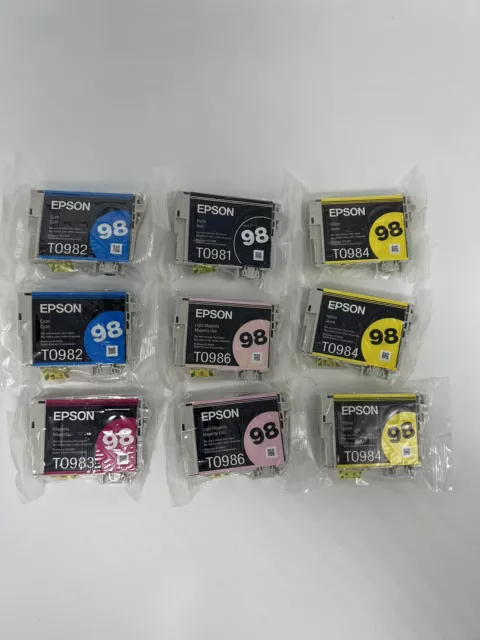 Lot of 9 Genuine Epson 98 Ink Cartridges T0981 T0982 T0983 T0984 T0986